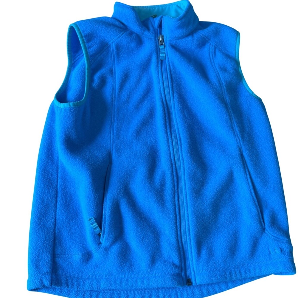 LL Bean Girls‎ L 14-16 Blue Full Zip Fleece Vest Reflective Logo Hiking Camping